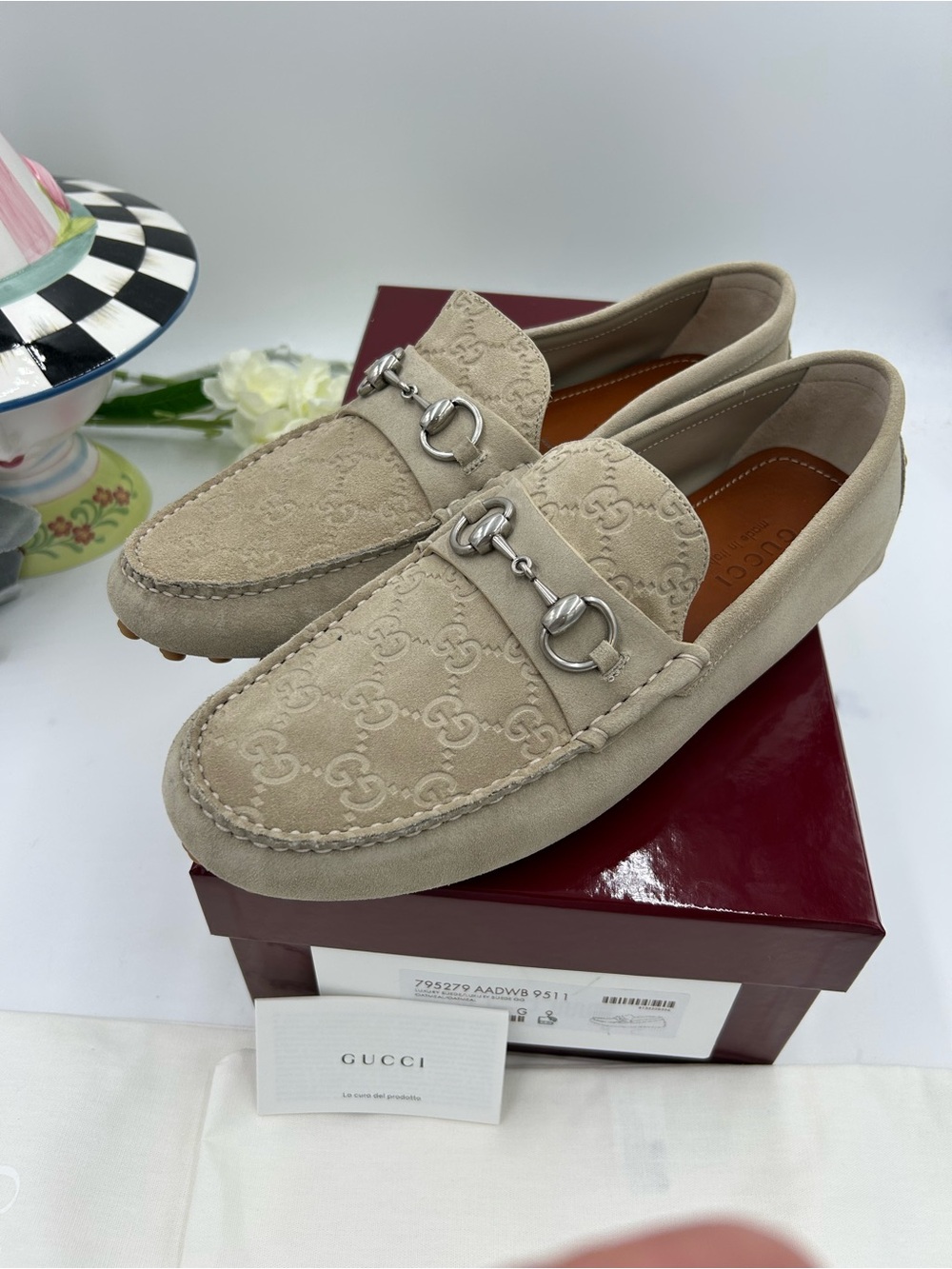 Men's Gucci suede oatmeal horse bit driver loafers size 9 fits 10US - Picture 6 of 12
